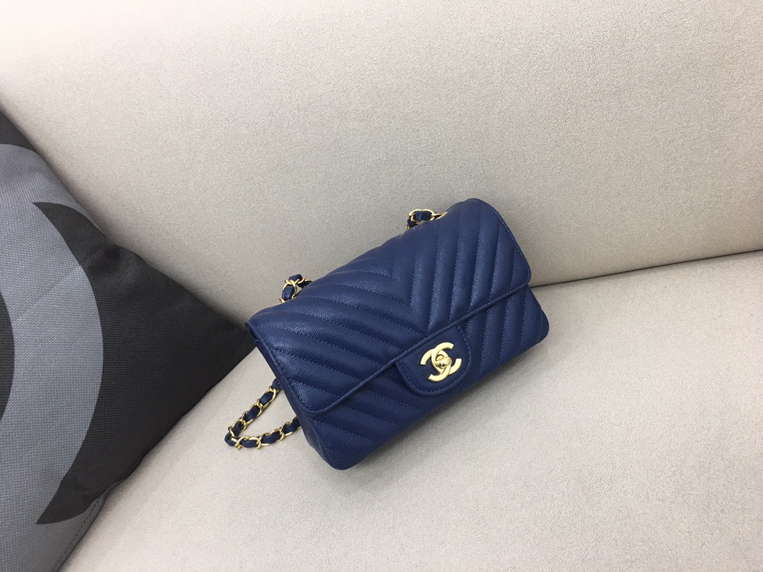 Small Classic Flap Caviar Bag A01116 Dark Blue/Gold